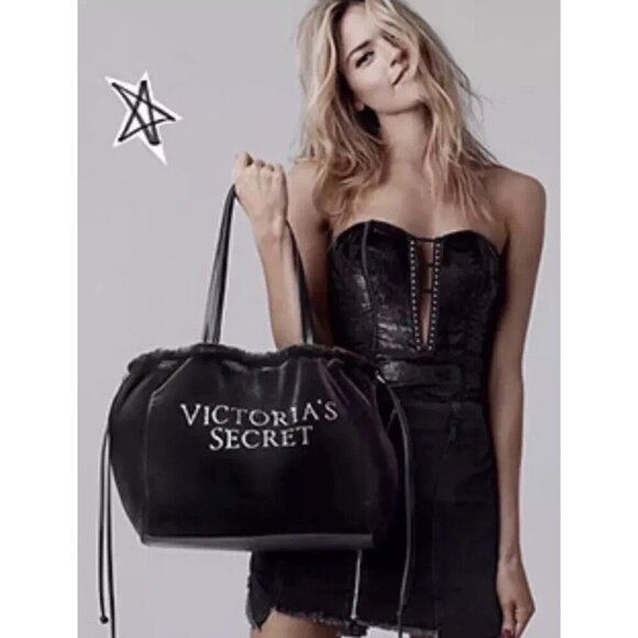Victoria’s Secret Limited Edition Black Velvet Luxe Tote Bag rhinestone letterin - Picture 2 of 4